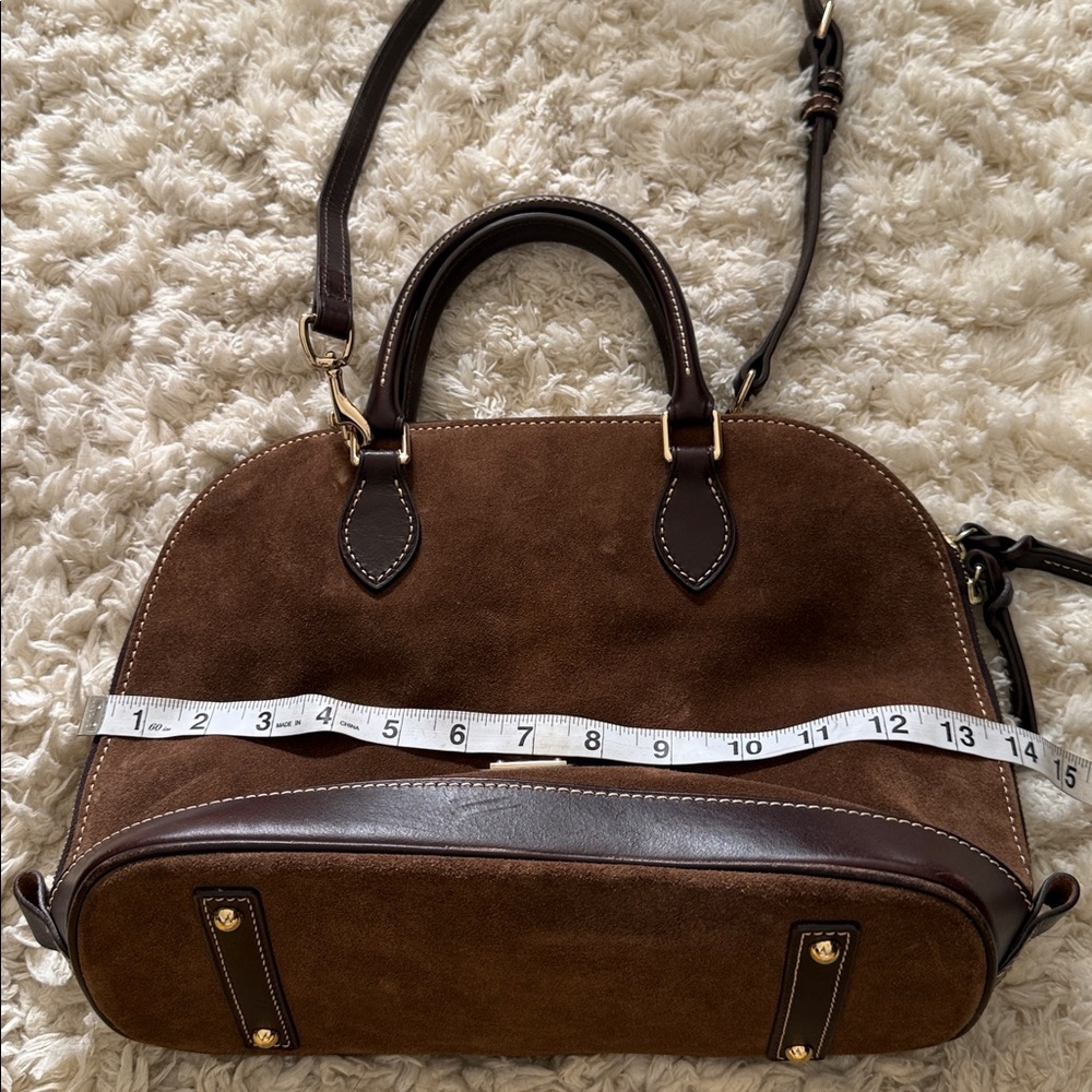 Dooney & Bourke Brown Suede Leather Dome Satchel Crossbody Bag Red Lining - Picture 11 of 12